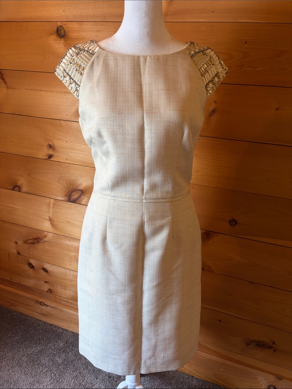 Tahari Cream Beaded Cap-Sleeve Midi Sheath Dress